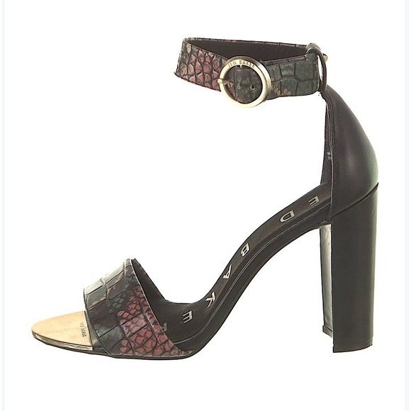 Ted Baker Block Heel Sandal Snake Embossed Leather Black Multi Color Size EU 40 - Picture 1 of 8